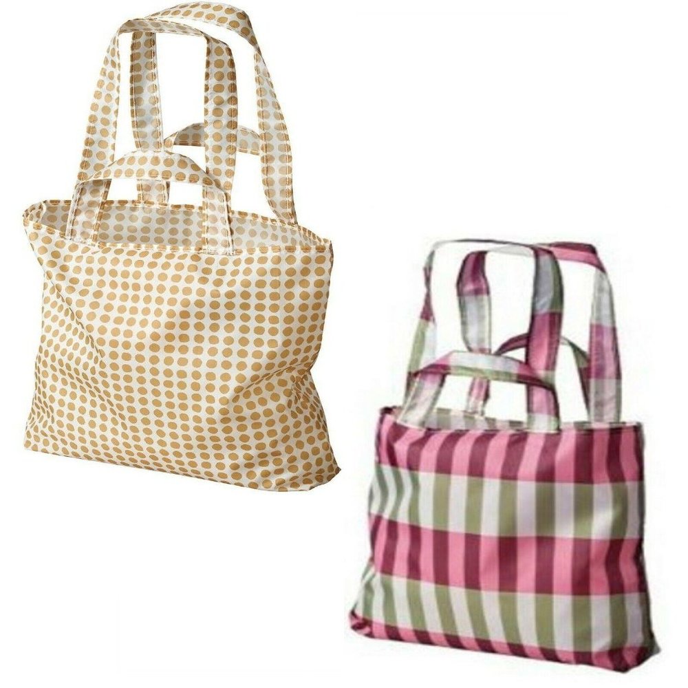2 IKEA Skynke Reusable Shopping Bags Handles Pouch Plaid Polka Dot Sustainable - Picture 1 of 8